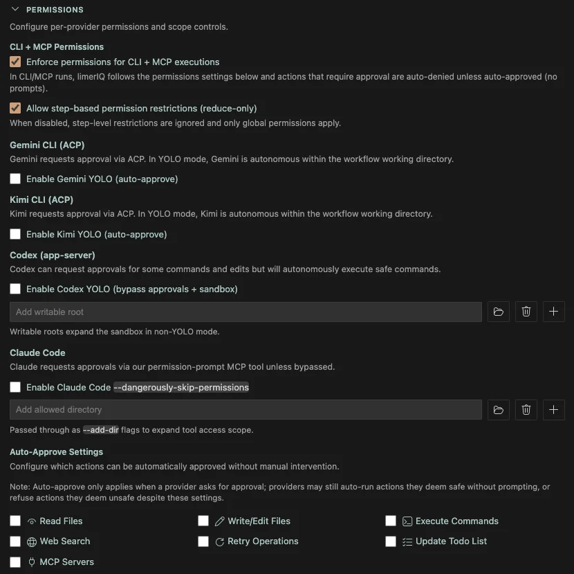 A single checkbox called "danger mode" is not a safety model. limerIQ now brokers approvals in the terms each provider actually understands. hero